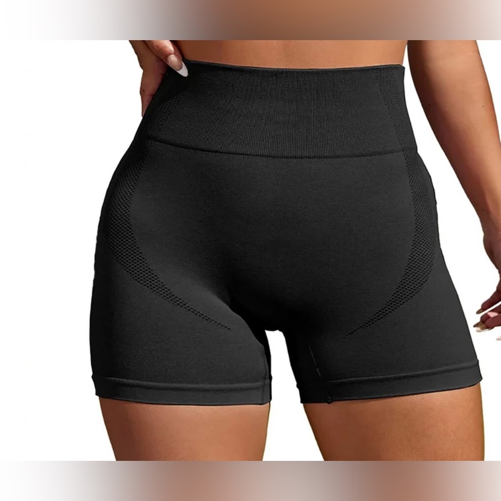 Ribbed High Waist Seamless Biker Short Classic Black Womens Small.